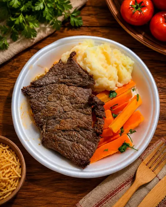 Marmita de bife com purê de batata e cenoura